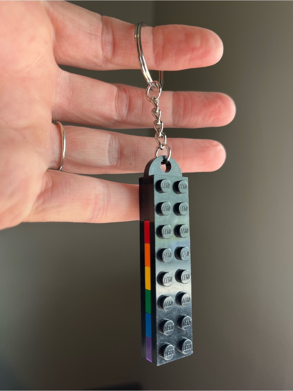 Lego Black Brick Keychain with Rainbow Stripe - Handmade